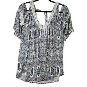 G Collection Navy Paisley Cold Shoulder Blouse Lace Trim Bell Sleeve V-Neck 2X
